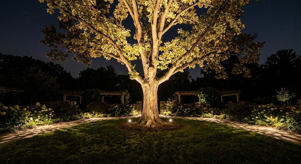 Low-voltage landscape lighting highlighting a mature tree canopy with surrounding path and garden bed fixtures